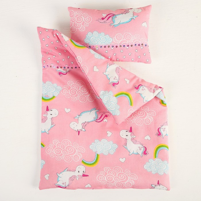 Постельное бельё для кукол «Единорог на розовом», простынь, одеяло, подушка - фото 1907015716