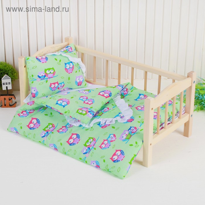 Постельное бельё для кукол «Совята на зелёном», простынь, одеяло, подушка - Фото 1