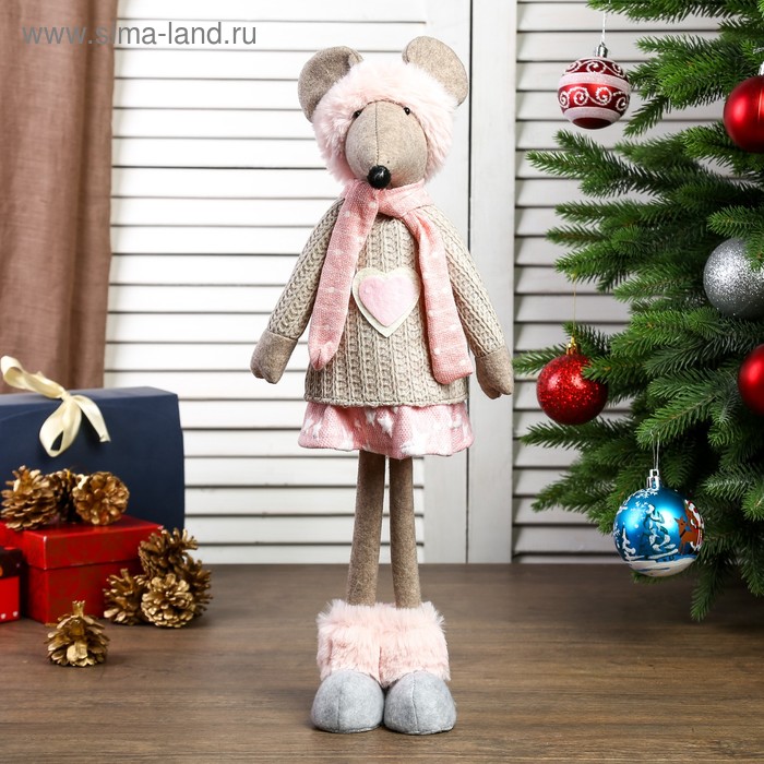 Кукла интерьерная "Мышка в бежевом свитере и розовой юбочке" 62х14х16 см - Фото 1