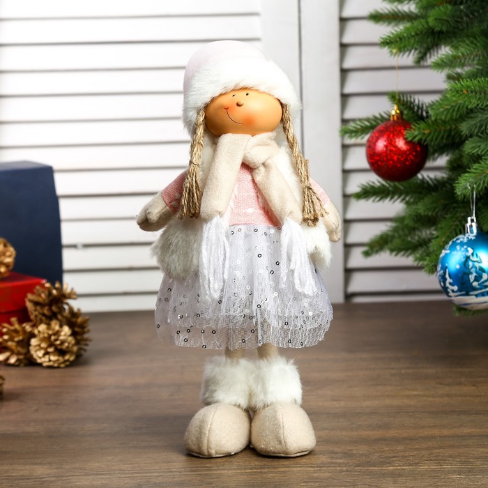 Кукла интерьерная "Девочка в юбке с пайетками, белой жилетке и розовом колпаке" 48х10х15см - фото 1907015922