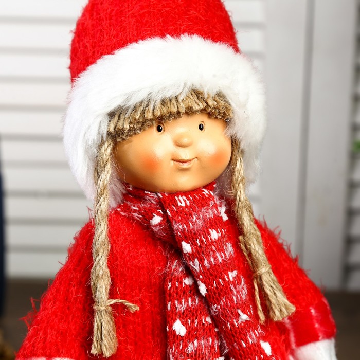 Кукла интерьерная "Девочка Валя в красном наряде, в шапке с бомбошкой" 38х12х17 см - фото 1886400110
