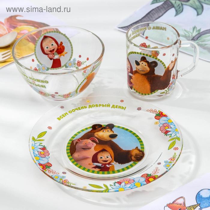 Набор посуды детский «Маша и Медведь. Добрый день», 3 предмета: кружка 250 мл, салатник d=12,8 см, тарелка d=19,5 см - Фото 1