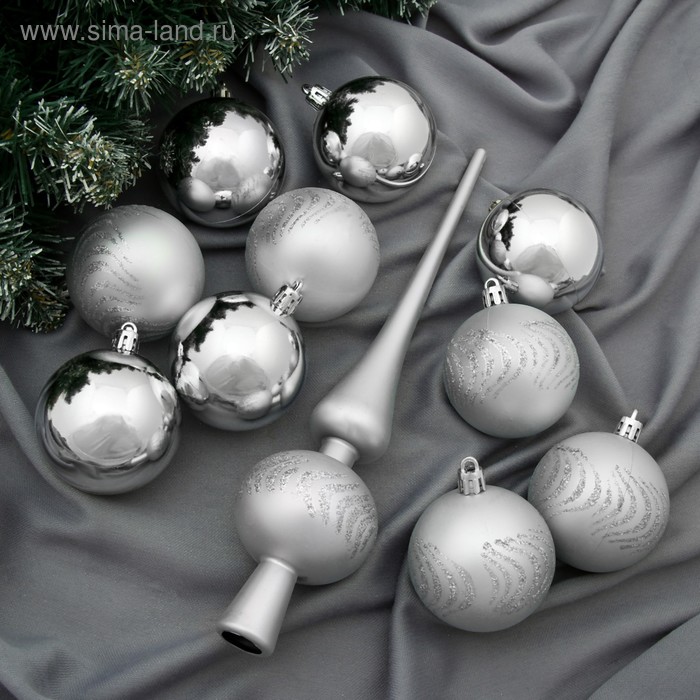 Набор шаров пластик с верхушкой 21 шт "Изгибы" серебро - Фото 1