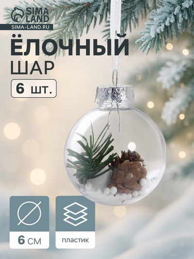 Ёлочные игрушки «Льдинка - шишки», шары новогодние, d=6 см, набор 6 шт., прозрачный