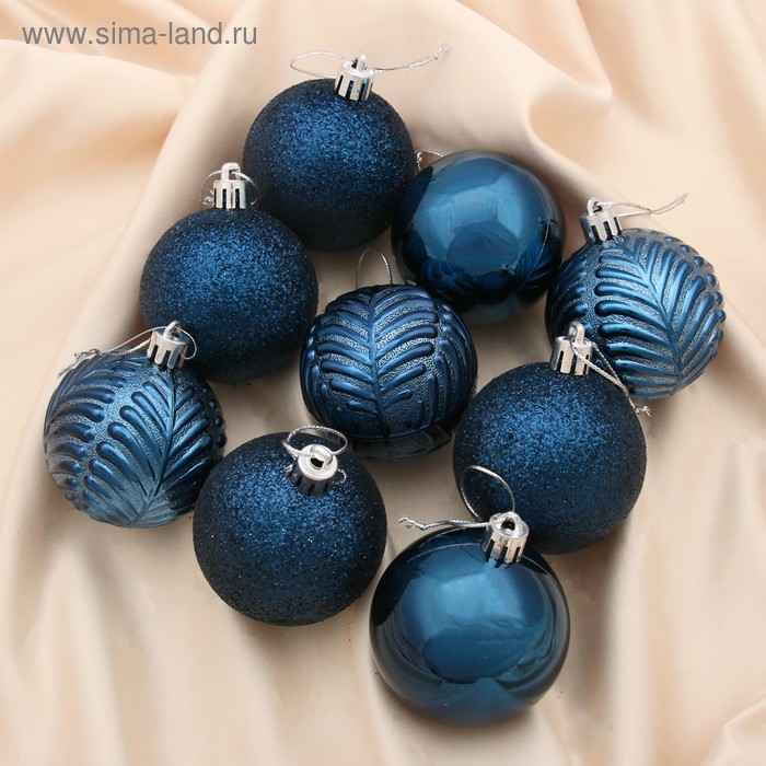 Набор шаров пластик d-6 см, 9 шт "Новогодние ветви" синий - Фото 1