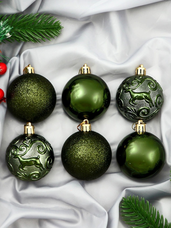 Ёлочные игрушки «Олень», шары новогодние, 12 шт., набор d=6 см, зелёный - Фото 1