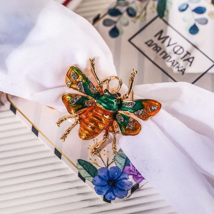 Кольцо для платка «Жук» весенний, цвет зелёный в золоте - Фото 1