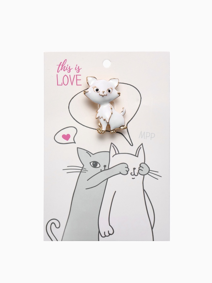 Брошь «Котенок», взъерошенный, белая в золоте