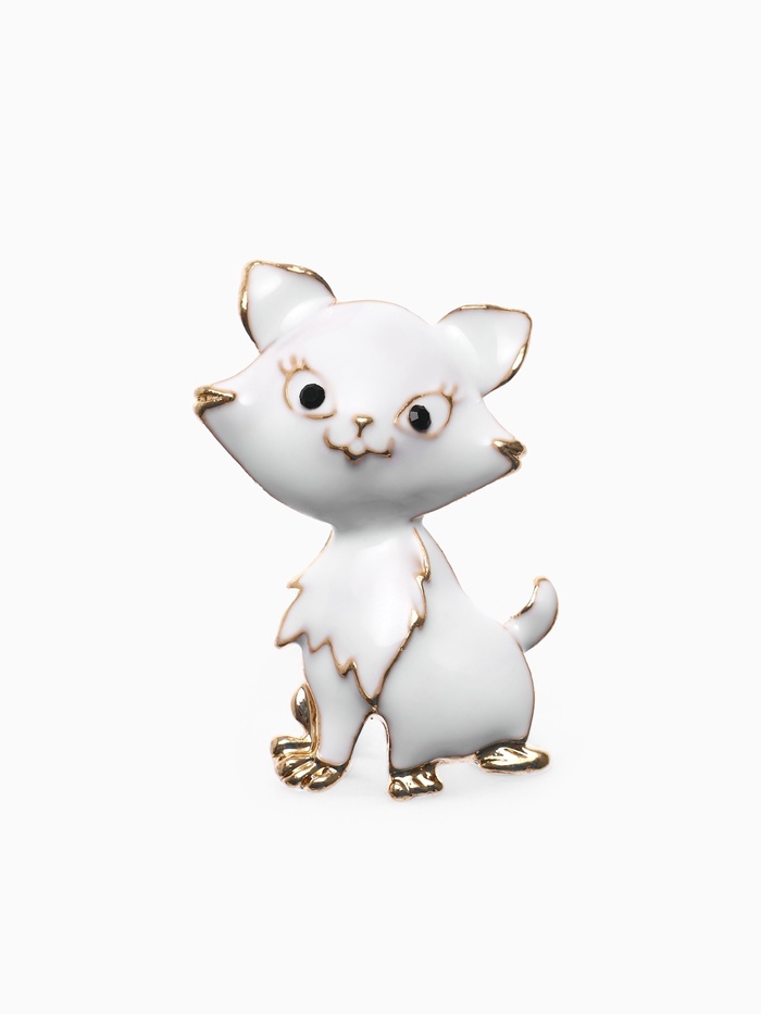 Брошь «Котенок», взъерошенный, белая в золоте - Фото 1
