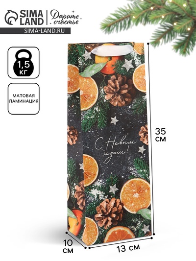 Пакет подарочный под бутылку новогодний «С Новым годом», 13×35×10 см
