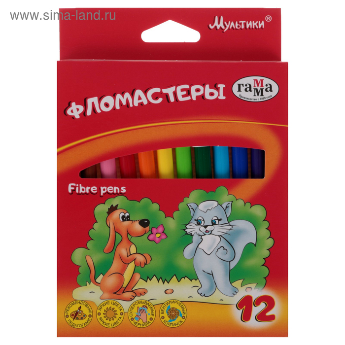 Фломастеры 12 цветов «Гамма. Мультики», смываемые, картонная упаковка, европодвес 180319_05 - Фото 1