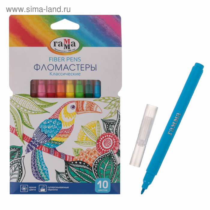 Фломастеры 10 цветов «Гамма. Классические», смываемые, картонная упаковка, европодвес 180319_10 - Фото 1