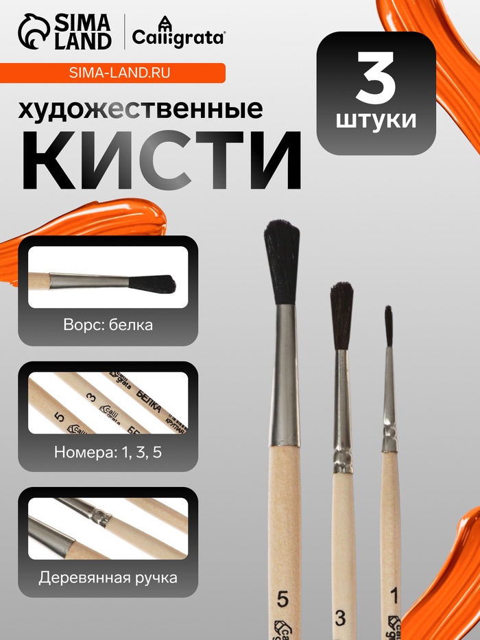 Набор кистей для рисования, белка, 3 штуки: №: 1, 3, 5, Calligrata, круглые, деревянная ручка, в пакете - Фото 1