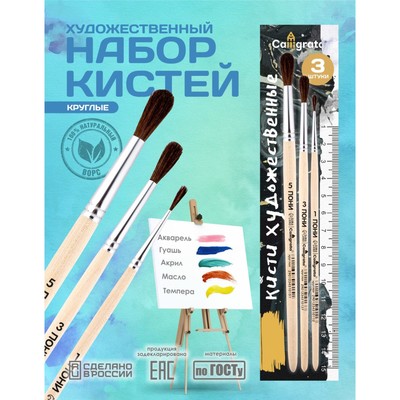 Набор кистей для рисования, пони, 3 штуки: №: 1, 3, 5, Calligrata, круглые, деревянная ручка, в пакете