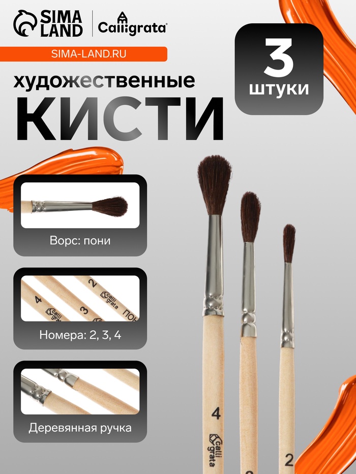 Набор кистей для рисования, пони, 3 штуки: № 2, 3, 4, Calligrata, круглые, деревянная ручка, в пакете - Фото 1