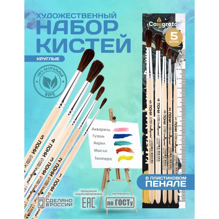Набор кистей для рисования, пони, 5 штук: №: 1, 2, 3, 4, 5, Calligrata, круглые, деревянная ручка, в пенале - Фото 1