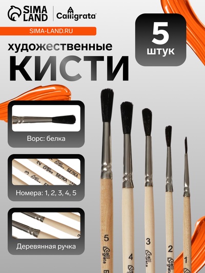 Набор кистей для рисования, белка, 5 штук: №: 1, 2, 3, 4, 5, Calligrata, круглые, деревянная ручка, в пенале