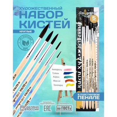 Набор кистей для рисования, белка, 5 штук: №: 1, 2, 3, 4, 5, Calligrata, круглые, деревянная ручка, в пенале