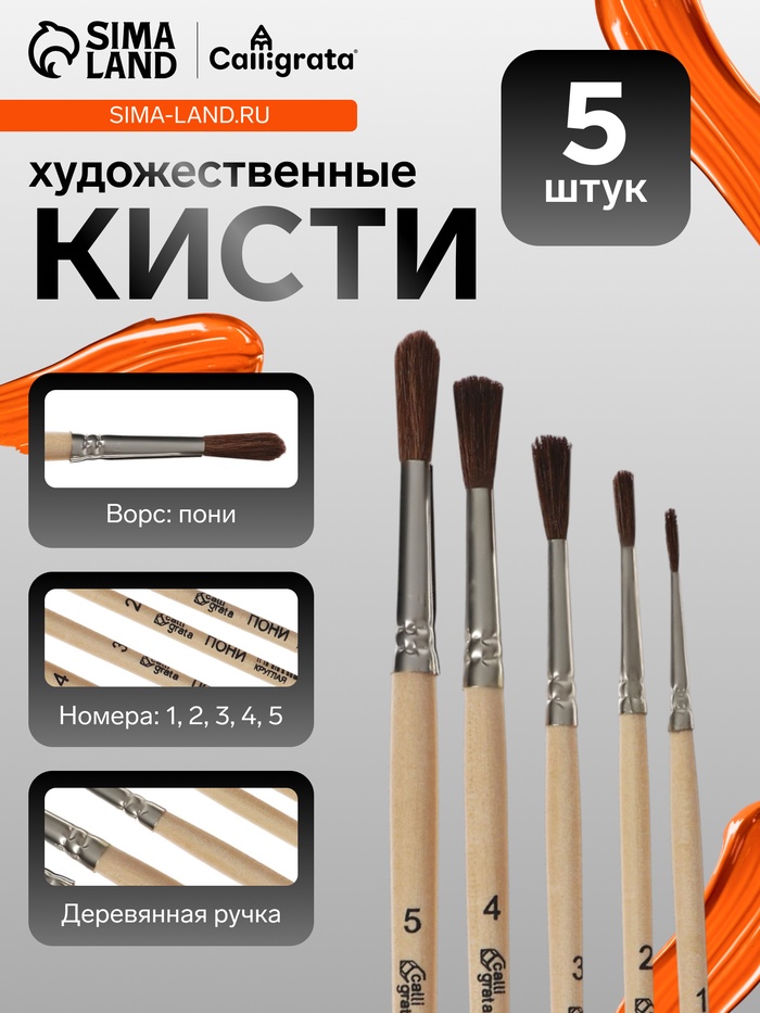 Набор кистей для рисования, пони, 5 штук: № 1, 2, 3, 4, 5, Calligrata, круглые, деревянная ручка, в пакете - Фото 1