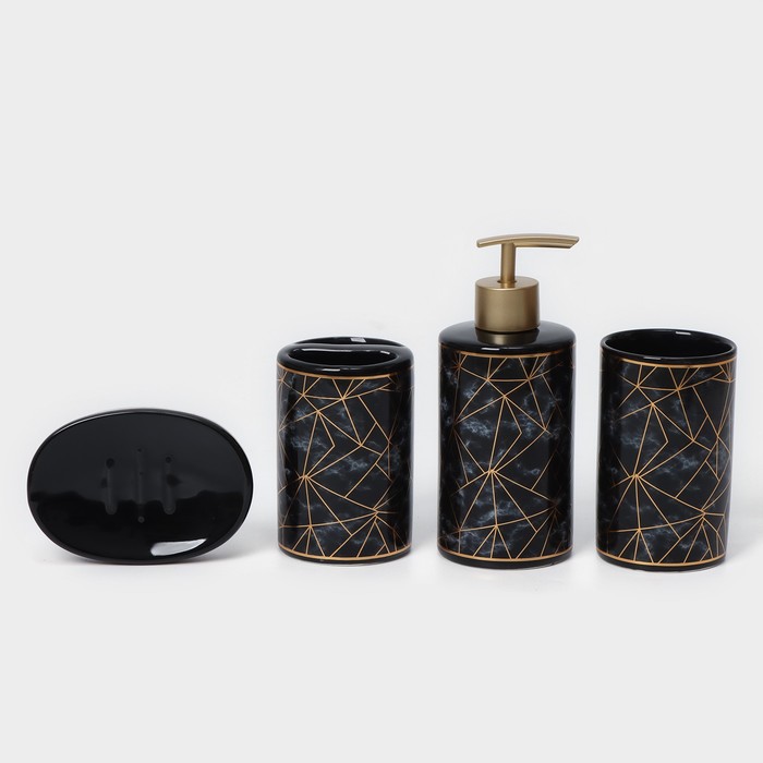 Набор аксессуаров для ванной комнаты «Лофт», 4 предмета (дозатор 250 мл, мыльница, 2 стакана), цвет чёрный - фото 1905567211