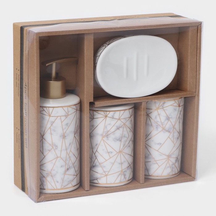 Набор аксессуаров для ванной комнаты «Лофт», 4 предмета (дозатор 250 мл, мыльница, 2 стакана), цвет белый - фото 1905567222