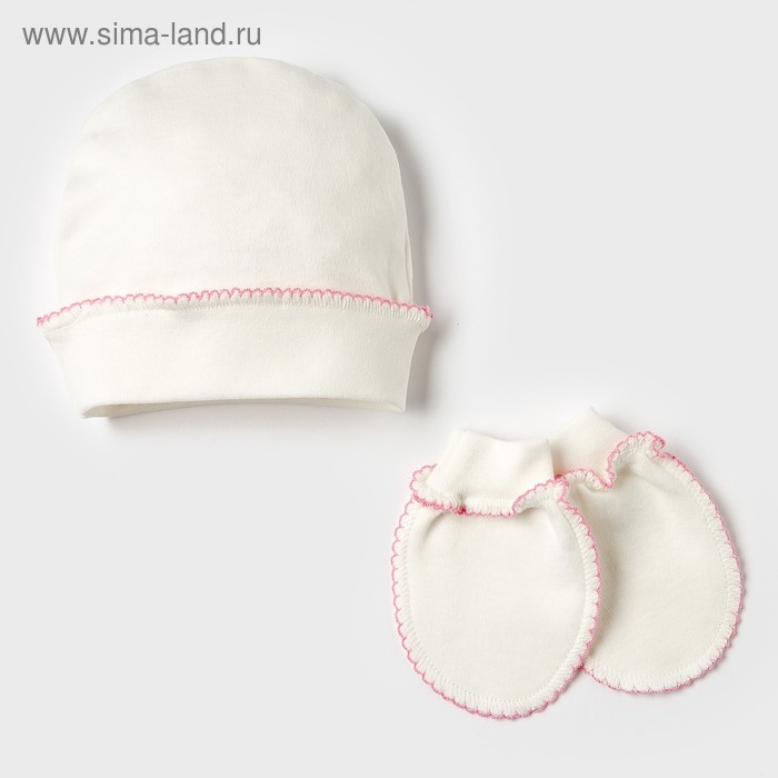 Комплект (шапочка, рукавички), цвет бежевый/розовый - Фото 1