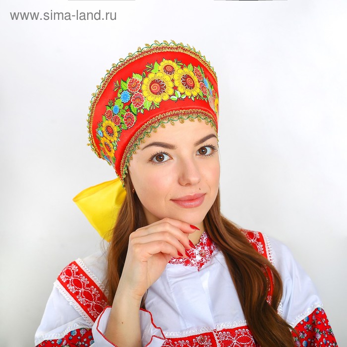 Кокошник «Фантазия с подсолнухами», на красном - Фото 1