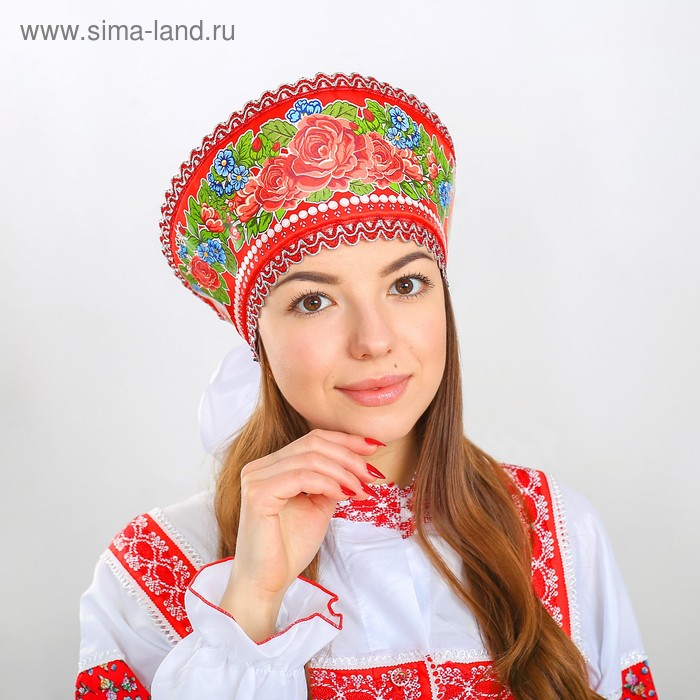 Кокошник «Красные и синие цветы», на красном - Фото 1