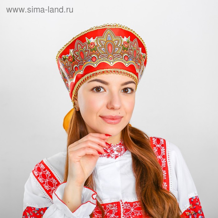 Кокошник прямой «Павлово-Посадский узор» на красном - Фото 1