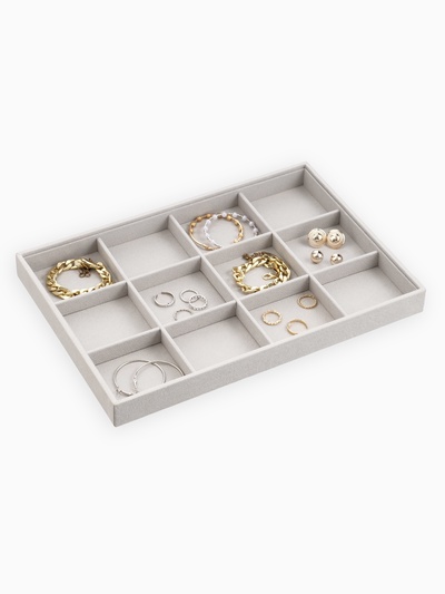 Подставка для украшений QF, 12 ячеек, флок, 35×24×3 см, серая