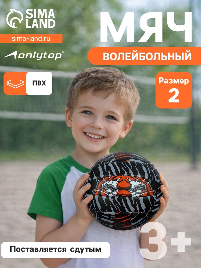 Волейбольный мяч ONLYTOP «Тигр», машинная сшивка, 18 панелей, р. 2, PVC - Фото 1
