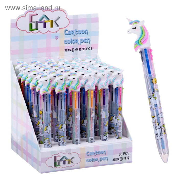 Ручка шариковая многоцветная, автоматическая «Единорог», 6 цветов (штрихкод на штуке) - Фото 1