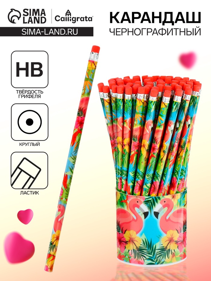 Карандаш простой, чернографитный с ластиком «Фламинго», твёрдость НВ - Фото 1