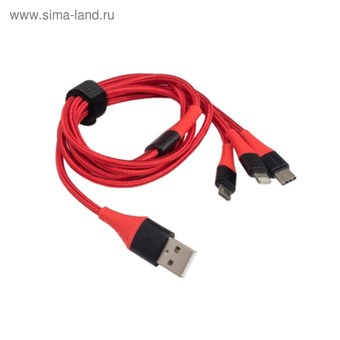 Зарядный кабель Aura TPC-U32R USB-micro/USB C/Lighting, 12 В, длина 1,2 м, красный - Фото 1