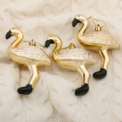 Ёлочные игрушки 3 шт. «Зимнее волшебство. Фламинго» пластик, 11×6.5 см, золото
