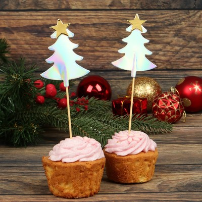 Шпажки для канапе новогодние «Ёлочка со звездой», набор 5 шт., перламутровые