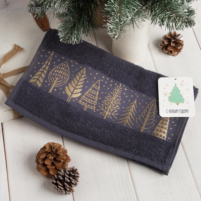 Полотенце махровое "Новогодний лес" 30х70 см, серое 100% хлопок, 370гр/м2 - Фото 1