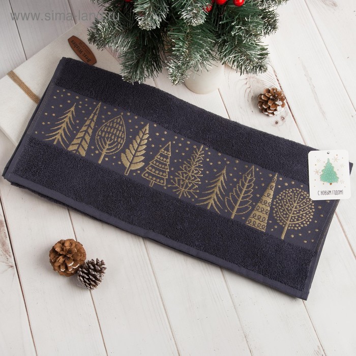 Полотенце махровое "Новогодний лес" 50х90 см, серое 100% хлопок, 370гр/м2 - Фото 1