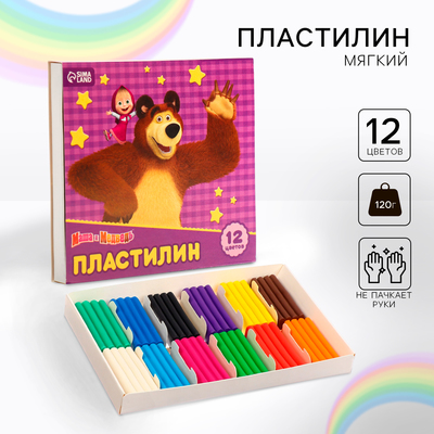 Пластилин 12 цветов, 180 г «Маша и медведь»