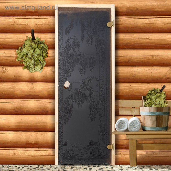 Дверь для бани «Берёзка», размер коробки 190 × 70 см, 6 мм, правая, круглая ручка, бронза - Фото 1