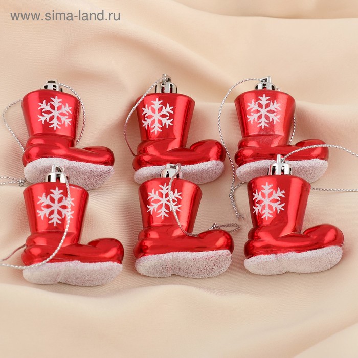 Ёлочные игрушки 6 шт. «Сапожок со снежинкой», 4×4 см, красный - Фото 1