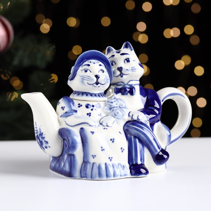 Чайник гжель «Кошки», бело-синий,керамика, - Фото 1