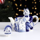 Чайник гжель «Кошки», бело-синий,керамика, - Фото 4