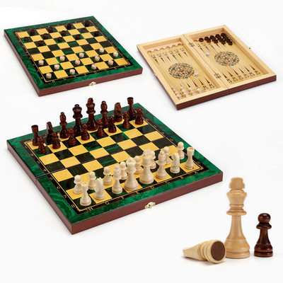 Настольная игра 3 в 1 "Малахит": шахматы, шашки, нарды, деревянные большие 40 х 40 см