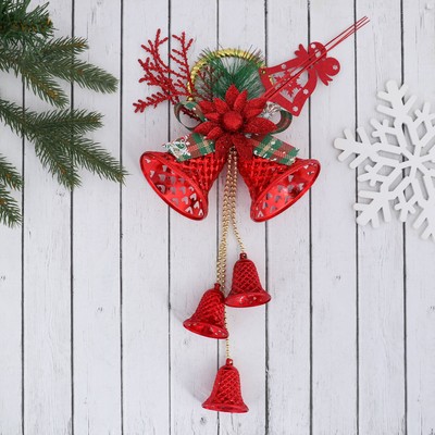 Украшение новогоднее "Колокольчики на подвесе с цветком и веточкой" 16х30 см, красный