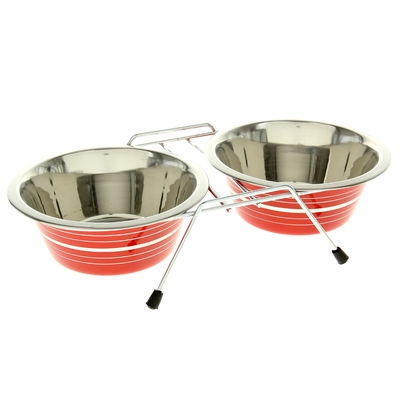 Набор: миска двойная цветная с полосой на подставке, VM-3000(C), 2 х 950 мл, микс