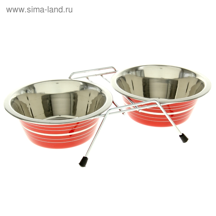 Набор: миска двойная цветная с полосой на подставке, VM-3000(C), 2 х 950 мл, микс - Фото 1