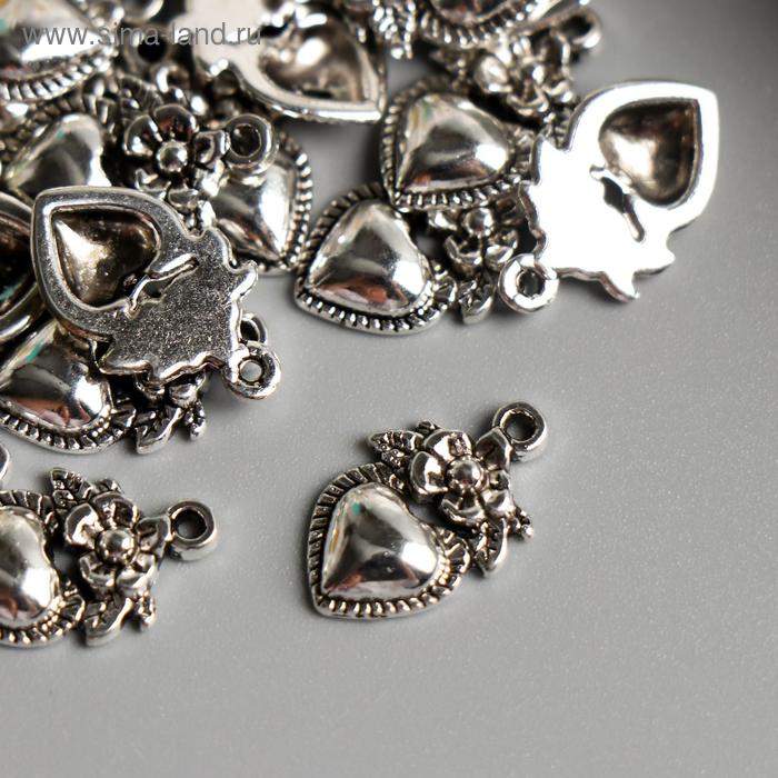 Декор для творчества металл "Сердце с цветком" серебро 2х1 см - Фото 1