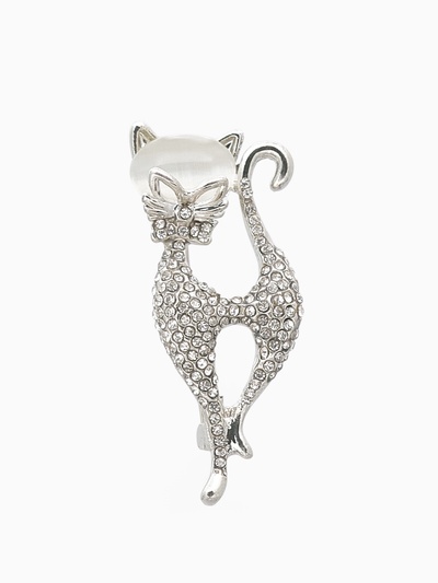 Брошь «Кошка» изящная с бантом, белая в серебре