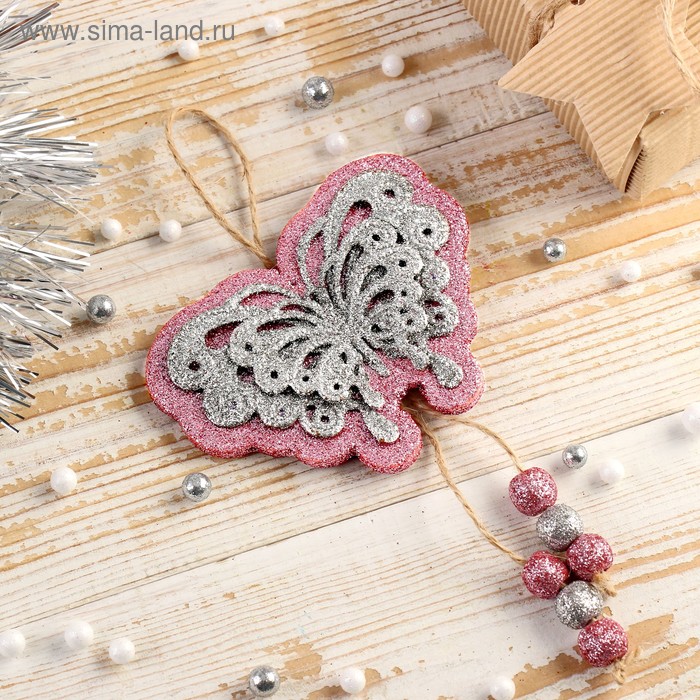 Украшение ёлочное «Бабочка» 10×7 см, серебристо-розовый - Фото 1